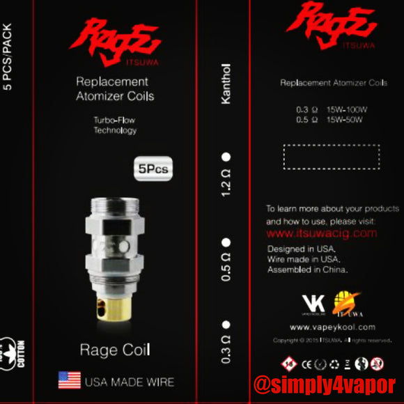 Rage Coils for the 3 in 1 Atomizer Tank 5 pack - SIMPLY 4 VAPOR